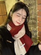 2023韩版ins小众，拼色红色毛线围巾，女冬季加厚保暖围脖学生潮