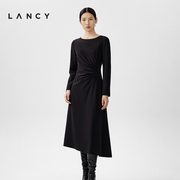 lancy朗姿春季捏褶收腰连衣裙，女长袖通勤简约打底气质黑裙子