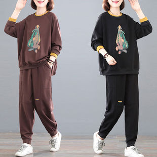 运动套装女秋季韩版女装大码宽松休闲服两件套长袖印花卫衣跑步服
