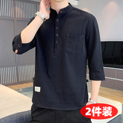 亚麻七分袖男士t恤套头立领，纯色棉麻衬衫，中国风夏季纯棉中袖上衣