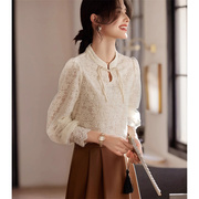 新中式复古盘扣雪纺衬衫女春季优雅气质国风蕾丝拼接长袖上衣