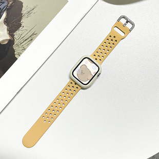 适用于applewatch硅胶表带套装iwatch S8/7/6/5/4/3/2/se代运动表带透气多孔扣式苹果手表表带硅胶保护壳小众