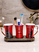 结婚陶瓷洗漱杯卫浴三件套装新婚情侣家用红色漱口刷牙杯牙刷架