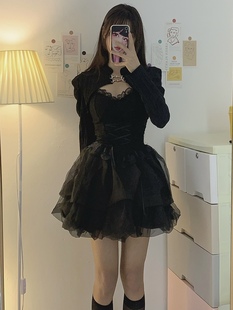 原创暗黑性感辣妹吊带连衣裙设计感绑带收腰显瘦蛋糕裙蓬蓬裙套装