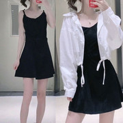 长袖衬衫外套装女2023韩版v字吊带连衣裙修身时尚减龄两件装