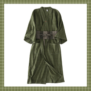 夏纯棉汉服条纹睡袍复古绿色格子睡裙浴衣宽松家居服睡衣女两件套