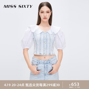 Miss Sixty含醋酸牛仔短袖衬衫女法式拼接娃娃领甜美泡泡袖衬衣