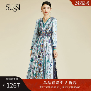 SUSSI/古色秋季商场同款蓝色复古印花长袖中长款连衣裙女