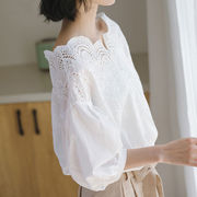 蕾丝衬衫短袖女夏季2024韩版宽松刺绣，设计感小众白色镂空上衣