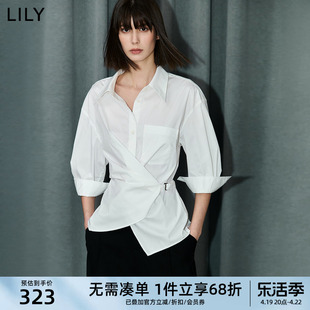 lily2024夏女装(夏女装)设计感不对称腰带气质，通勤修身落肩七分袖衬衫