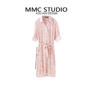 MMC 夏季设计感名媛风五分袖连衣裙女polo领绣花枫叶气质中长裙