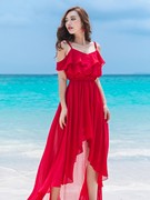 大红色吊带不规则燕尾，雪纺长裙海南三亚旅游度假沙滩，裙露肩连衣裙