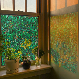 《仙灵花园》复古祖母绿玻璃贴膜透光不透人阳台手绘法式窗花贴纸