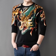 龙图案印花长袖T恤男圆领中国风彩色图案花纹针织衫个性打底上衣
