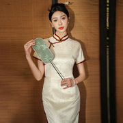 高端斜襟连衣裙改良长旗袍，礼服少女装夏白色(夏白色，)提花显年轻新中式日常