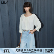 LILY2024夏女装设计感抽绳通勤宽松垂坠感肌理感五分袖白衬衫