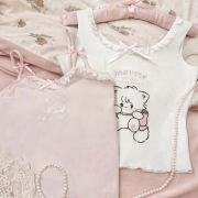 绵羊商店mikko联名背心吊带，夏季纯棉上衣，可爱花边蝴蝶结日系粉色
