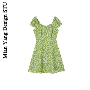棉洋 法式收腰短裙泡泡袖方领碎花连衣裙夏季女小个子绿色茶歇裙