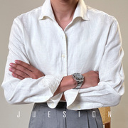 JUESION 夏季100%亚麻长袖衬衫男意式一片领薄款商务休闲透气衬衣