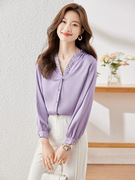 紫色长袖v领雪纺衬衫，女春装法式设计感珍珠时尚小众上衣洋气休闲