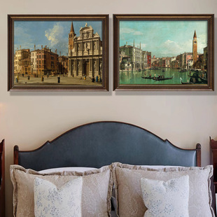 装饰画有框画挂画美式复古怀旧卧室床头画双拼欧式风景威尼斯教堂