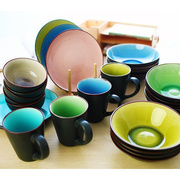 欧式彩创意冰裂釉陶瓷餐具套装，碗盘组合色陶瓷咖啡杯碟吃饭碗盘子