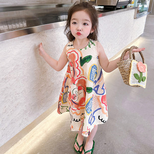 女童背心裙2023夏女宝宝，韩版艺术涂鸦连衣裙，儿童卡通无袖棉布裙子