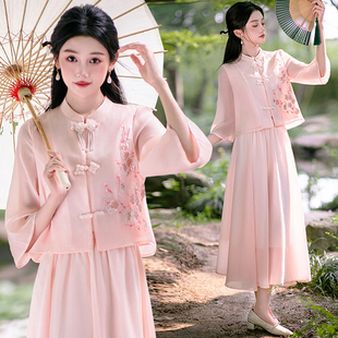 小个子日常改良旗袍新中式粉色刺绣上衣穿搭国风半身长裙汉服套装