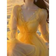 黄色雪纺连衣裙春装女2024年沙滩，裙女海边度假超仙法式长裙子