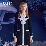 VJC/威杰思女装秋冬法式小香撞色连衣裙V领针织高腰裙