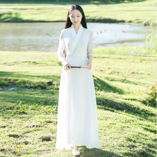 山有色中国风复古夏季女仙女飘逸修身长裙交领改良汉服绣花连衣裙