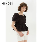 mingsi2023夏季黑色高级感纯棉，方领上衣休闲泡泡袖t恤女短袖