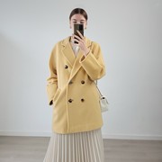 max家经典中长款羊绒大衣，欧美双排扣鹅黄色羊毛，大衣女小个子外套