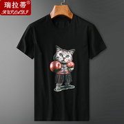 夏季潮牌短袖t恤男圆领莱卡棉修身半袖卡通拳击猫学生体恤衫