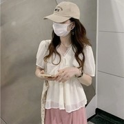 时尚韩版设计感气质v领雪纺小衫女夏季微胖mm减龄娃娃衫上衣