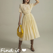 findit欧美女装法式温，柔风显瘦褶皱奶黄色，后背镂空连衣裙