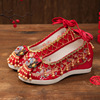 古风汉服鞋子内增高新娘，红色绣花鞋女中式民族，风复古高跟秀禾婚鞋