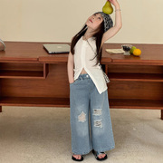 2025新款女童夏季木耳边中长款开叉无袖背心宝宝弹力修身针织衫