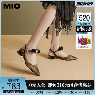 MIO米奥2024年夏季尖头低圆跟凉鞋闪钻爱心蝴蝶结通勤时装凉鞋女