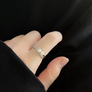 交叉珍珠戒指女小众设计高级感s925纯银指环，轻奢素圈开口可调节韩