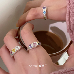925纯银戒指女小众设计多彩星星，爱心锆石食指指环个性开口可调节