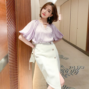 MIUCO 法式紫色镂空泡泡袖衬衫+单排扣修身开叉半裙套装