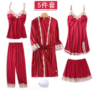 结婚睡衣新婚五件套晨袍女红色春秋夏季冰，丝绸吊带性感睡裙带胸垫