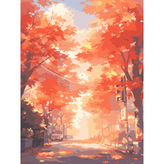 DIY数字油画自己填色银杏秋色枫红叶树林小路山水风景家居装饰画