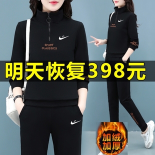 品牌运动服套装女秋冬纯棉休闲加绒加厚卫衣，宽松减龄两件套