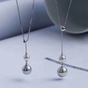 DIY饰品配件 S925纯银双珠款Y字链可调节珍珠吊坠项链半成品空托