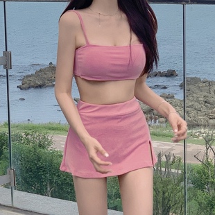 韩国ins性感粉色纯欲风，分体裙式抹胸比基尼三件套温泉，度假泳衣女