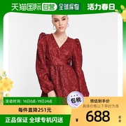 香港直邮潮奢monki女士，monki花朵提花裹式迷你酒红色连衣裙