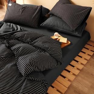 床单四件套被套条纹黑色北欧简约1.8m宿舍六件套单人床三件套男生