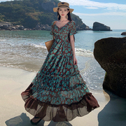 波西米亚海边旅游穿搭超仙大摆碎花连衣裙，高端女装三亚沙滩裙长裙